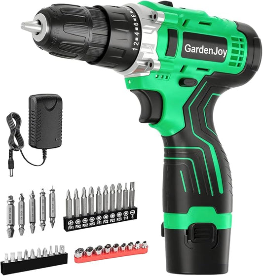 GardenJoy Cordless Power Drill Set: 12V Electric Drill with Battery and Charger, 42pcs Acessories, 3/8"Keyless Chuck, 2 Variable Speed, 24+1 Position, Compact Drill Driver Kit for Home & DIY Project