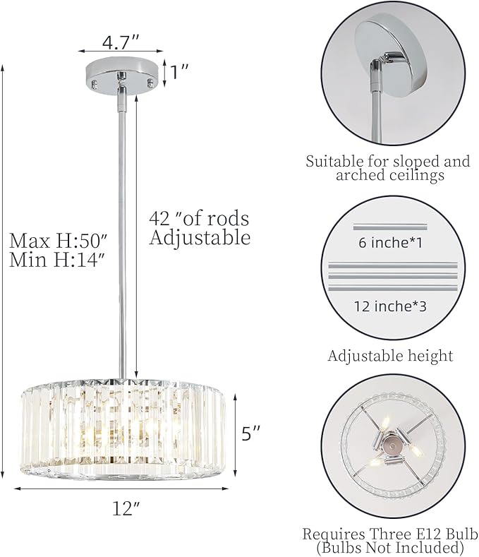 3-Light Modern Crystal Chandelier for Dining Room,Small Gold Semi Flush Mount Ceiling Light Fixtures,12'' Round Kitchen Hallway Pendant Lighting Fixture, for Entryway Foyer Laundry Room