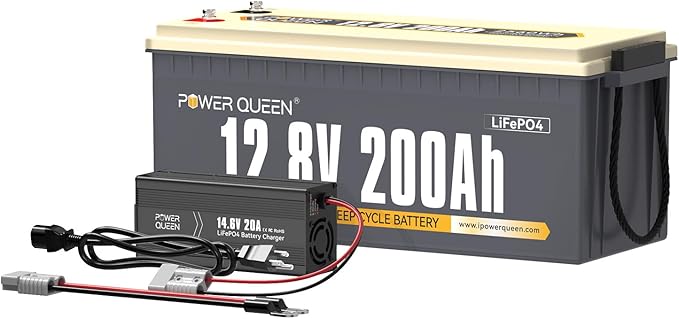 Power Queen 12.8V 200Ah LiFePO4 Battery with 14.6V 20A; Built-in 100A BMS, Fully Charged Capacity, 2560Wh Energy, Perfect for RV, Camping, Solar System, Power Outage