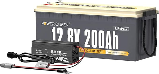 Power Queen 12.8V 200Ah LiFePO4 Battery with 14.6V 20A; Built-in 100A BMS, Fully Charged Capacity, 2560Wh Energy, Perfect for RV, Camping, Solar System, Power Outage