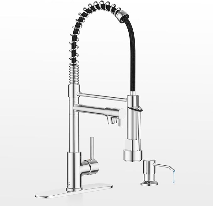 Kitchen Faucet with Soap Dispenser, Kitchen Faucet with Deck Plate and Dual Function Spray Head, Chrome Faucet for Camper Farmhouse RV Kitchen Sink, Single Handle Stainless Steel Sink Faucet