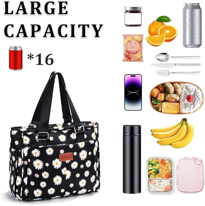 Large Floral Insulated Handbag for Women Work, 12L Leakproof Lunch Cooler Tote with Storage Pocket, Reusable for Picnic Hiking