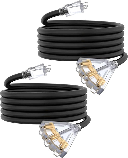 15Ft 12 Gauge Outdoor Extension Cord with 3-Outlets, 2 Pack, Heavy Duty 3 Prong Extension Cord Waterproof with Lighted end, 15A SJTW, ETL Listed, Black