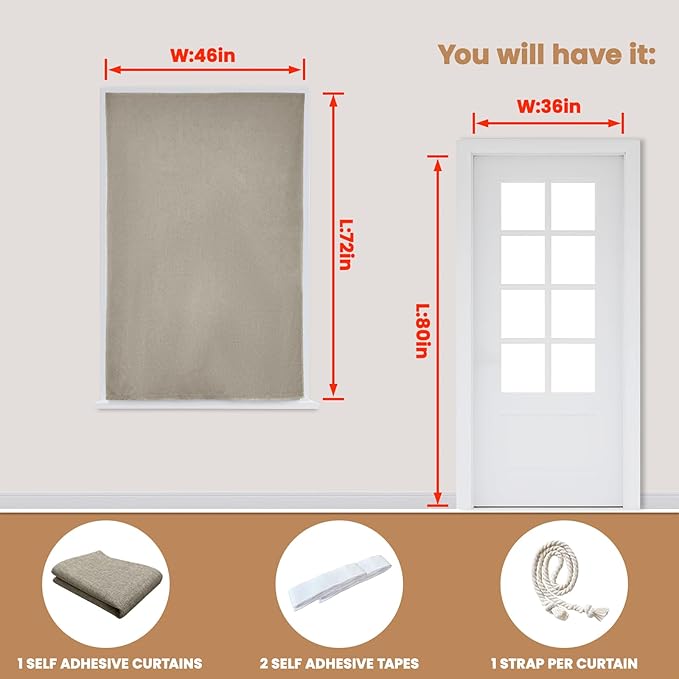Adhesive Curtain,100% Blackout Shades,No Rod,Easy to Install,Provides Privacy Protection for Bedrooms (Light Coffee - W46 × L72 in)