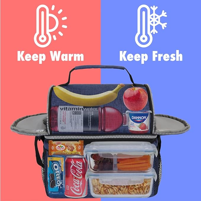 OPUX Lunch Box for Men, Adult Lunch Box Cooler, Insulated Lunch Bag Women, Dual Compartment Lunchbox for Work, Leakproof Double Decker Lunch Bag, Soft Lunch Pail Tote Boys Girls Kids School, Navy Blue