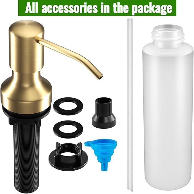 Soap Dispenser for Kitchen Sink, Kitchen Sink Soap Dispenser with 17 OZ Bottle, Refill from The Top Bar, Longer Threaded Shaft Shank, Wide Pump Head Base (Golden)
