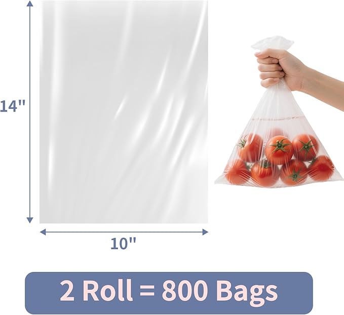 Immuson Plastic Produce Bag 10"x 14" Clear Plastic Food Storage Bags for Kitchen, Fruits, Vegetables, Travel Packing and Storage Needs (2Roll = 800 Bags)