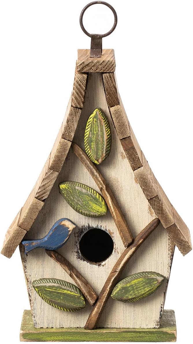 Glitzhome Bird Houses for Outside, 9.5" H Hanging Bird House Distressed Solid Wood Decorative Garden Birdhouse for Outdoors with Natural Wood Pallet Roof and 3D Tree,Washed White