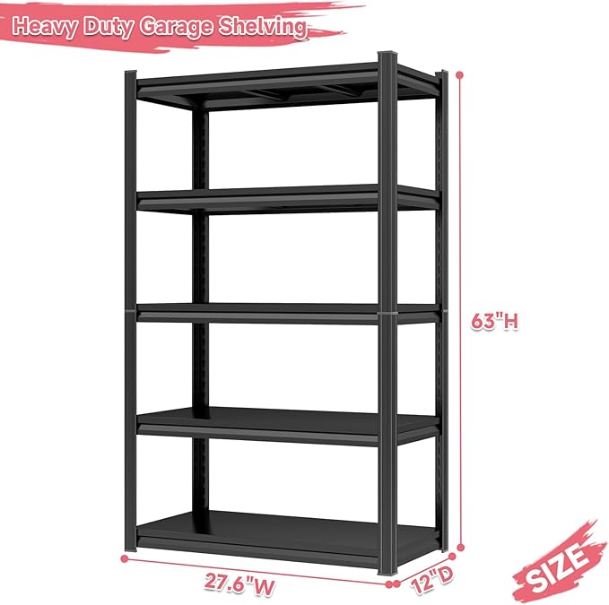 28"W Garage Shelving Heavy Duty, 5 Tier Shelving Unit, 2500LBS Metal Storage Shelves, Adjustable Utility Shelf Organizere for Industries, Warehouses, Basement,Pantry Closet and Outdoors, Black