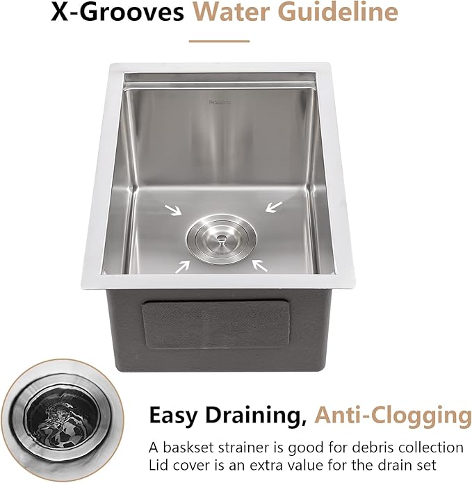 14 Undermount Bar Sink Workstation - Dcolora 14 Inch Stainless Steel Bar Prep Sink with Ledge Round Corner X Grooves Wood Cutting Board 16 Gauge Single Bowl RV Camper Kitchen Sink Basin