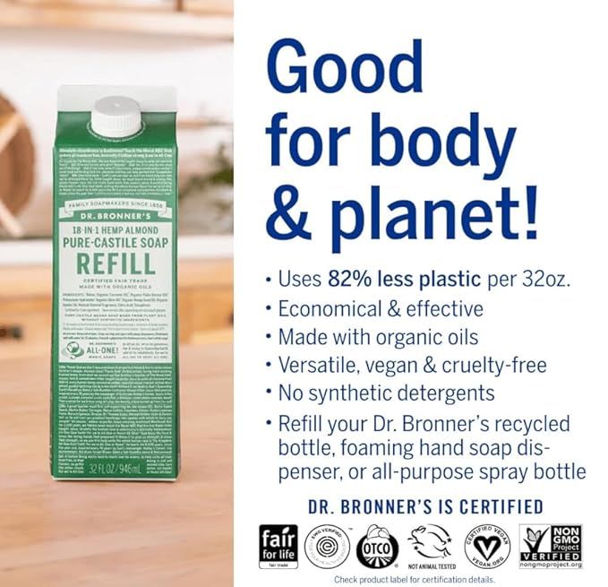 Dr. Bronner's Magic Soap Pure-Castile Liquid Soap Refill - Made with Regenerative Organic Certified Oils - 18-in-1 Uses for Face, Body Wash, Hand Soap Refill, Vegan Bath Soaps- Almond, 2-Pack, 32oz