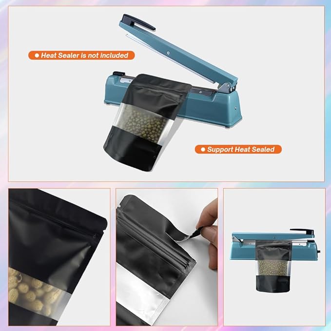 4CP 100 Pcs 4x6 Inch Zipper Smell Proof Bags with Window, Black Stand Up Foil Pouches for Food Selfsealing Storage, Reusable Bag for Packaging Small Business, Cookies, Nunt, Candy