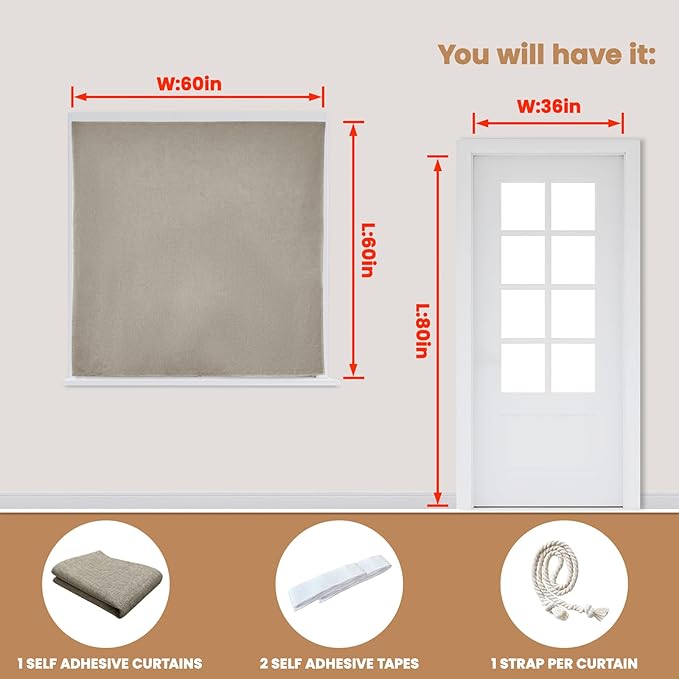 Adhesive Curtain,100% Blackout Shades,No Rod,Easy to Install,Provides Privacy Protection for Bedrooms (Light Coffee - W60 × L60 in)