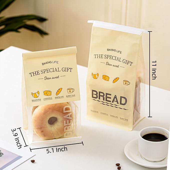 50 Pcs 5.1 Inch Bread Bags with Tin Tie, Bread Pattern Small Loaf Bags Made Of Milky yellow Paper, Storage Packing Bag with Clear Window for Bakery, Cafe, Homemade