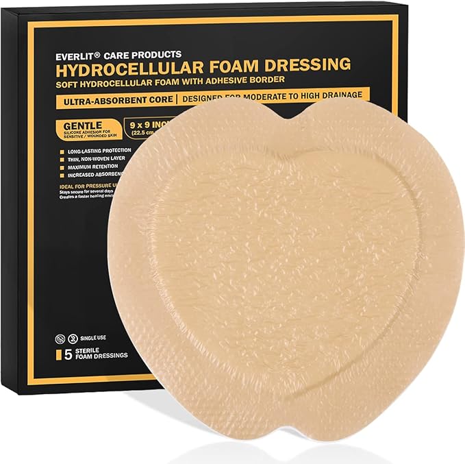 EVERLIT Sacrum Silicone Foam Dressing | Highly-Absorbent Waterproof Sacral Bandage Pad for Bed Sore Pressure Ulcer Wound Care | Sterile Adhesive Dressing for Chronic Wounds (9" x 9" | 5 Pack)