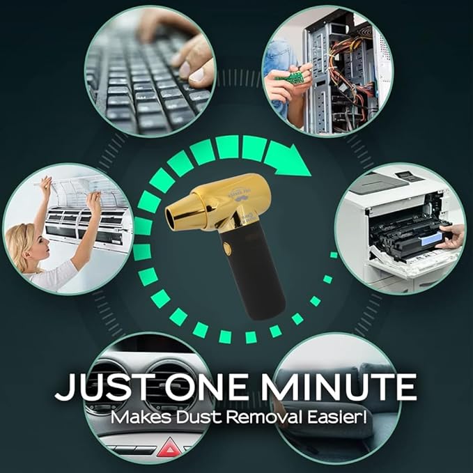 Compressed Air Duster - Electric Duster for Hair Barber, 3 Gear Mini Portable Jet Dry Air Blower, Cordless Vacuum Cleaner, for PC, Office,Salon, Fan, Laptop, Keyboard, Car -Black Gold