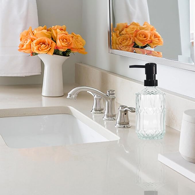 Clear Glass Soap Dispenser with Black Pump, 15oz Liquid Hand Dispenser, Refillable Lotion Dish Soap Dispenser for Modern Home Decor, Bathroom, Kitchen Countertop, Hotel