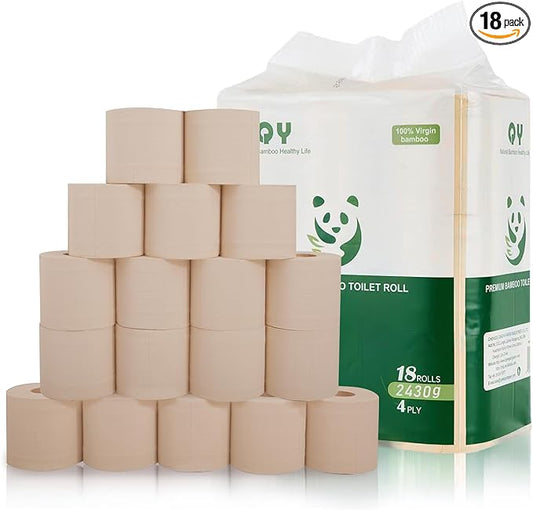 Bamboo Toilet Paper, 4-Ply, 18 Rolls, 200 Sheets Per Roll, Total 3600 Sheets, Unbleached, Sustainable and Tree Free, Soft, Strong, Earth-Friendly
