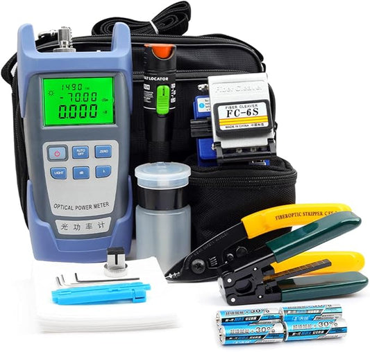 FTTH Fiber Optic Cold Connection Assembly Termination Tools Kit Bag with Cable Tester Stripper Tool Visual Fault Locator FC-6S Fiber Cleaver SC FC Connector Optical Power Meter FinderDust Free Paper