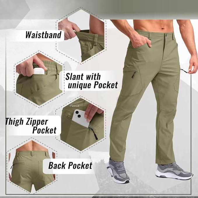 Pudolla Men's Lightweight Hiking Pants with 7 Pockets Quick Dry Water Resistant Fishing Travel Pants