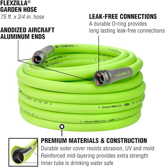 Flexzilla Garden Hose 3/4 in. x 75 ft., Heavy Duty, Lightweight, Drinking Water Safe, ZillaGreen - HFZG675YW