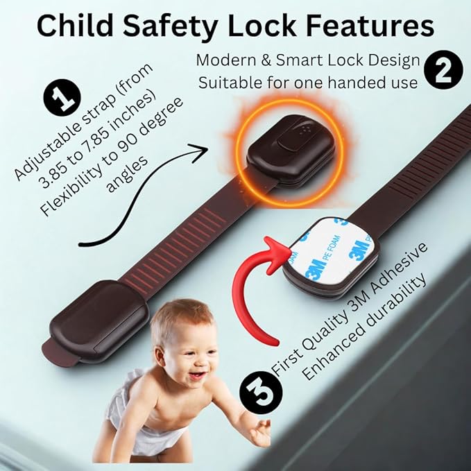 Child Safety Cabinet Locks (10 Pack) – Adjustable Baby Proofing Strap Latches with Strong 3M Adhesive – No Drill Childproof Locks for Drawers, Cabinets, Fridge, Door, Closet, Brown