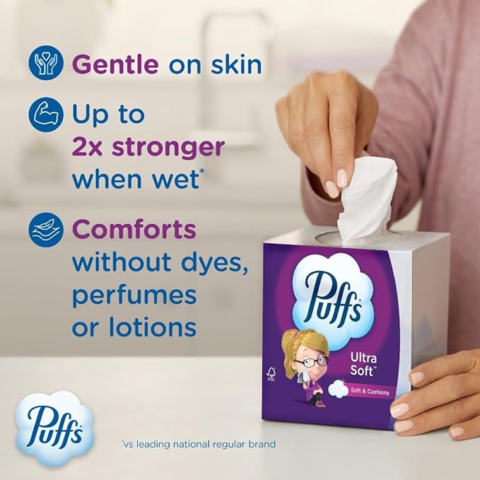 Puffs Ultra Soft Facial Tissues, 1 Family Size Box, 124 Facial Tissues Per Box