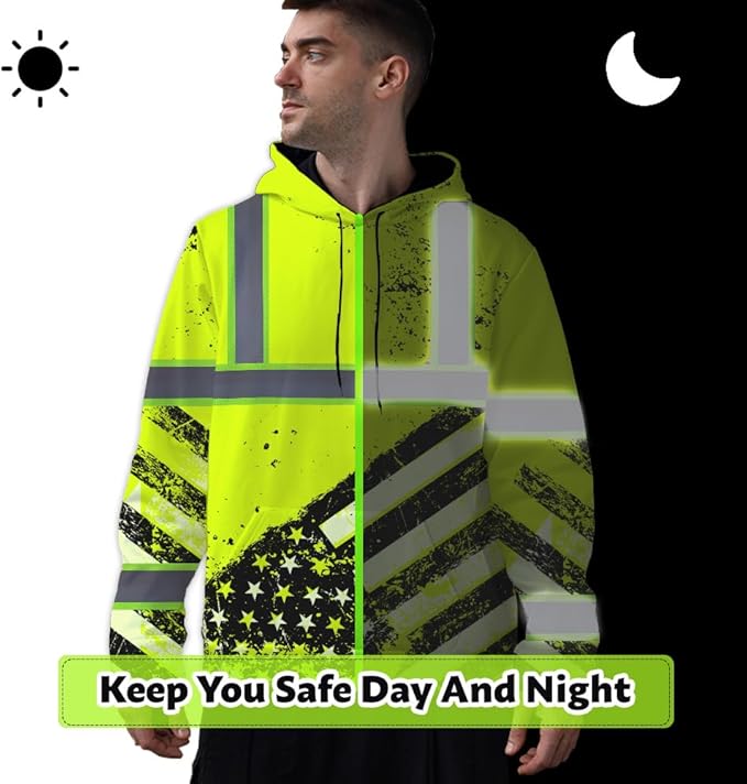 Color US Flag High Visibility Hoodie for Men Women Reflective Tapes Safety Workwear for Worker Runner Patriotic