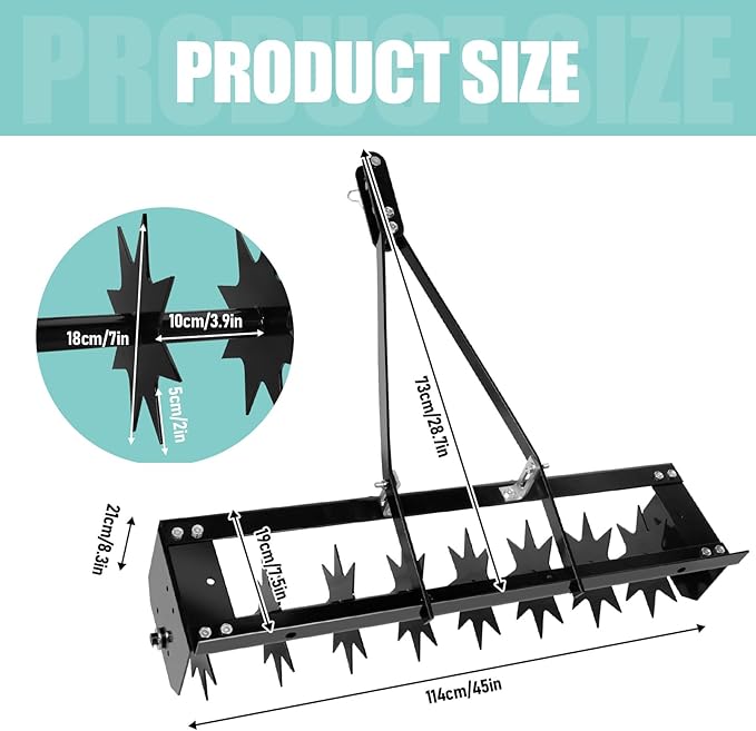 45 Inch Towed Spike Aerator, Tractor Lawn Aerator with 8 Steel Spike Discs, Mower Hitch, Lawn Soil Penetrator with Extra Wide Drawbar for Farm, Planting (Black, 45 Inch)
