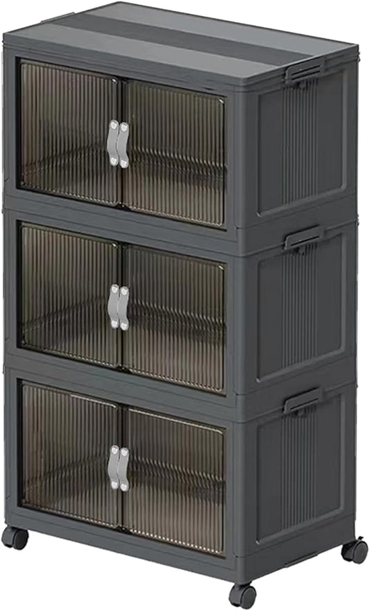 Collapsible Storage Bins with Lids Black Stackable Plastic Organizers for Clothes, Decor, Craft Supplies & Home Storage (3 racks, 17 Gal/rack)