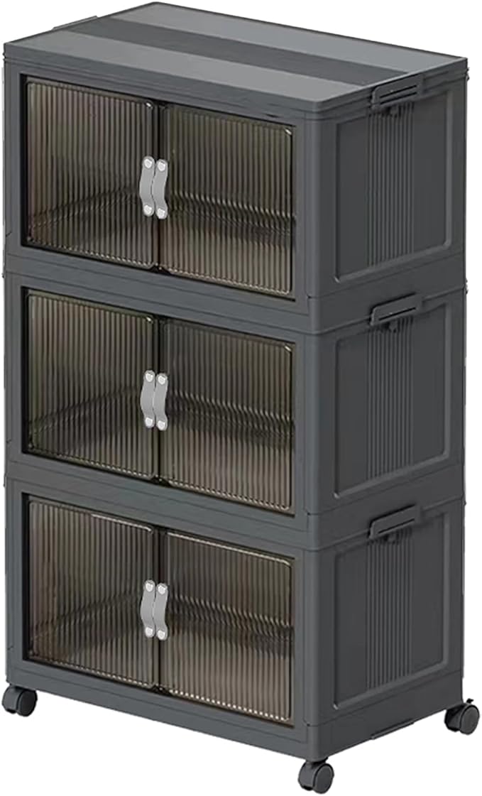 Collapsible Storage Bins with Lids Black Stackable Plastic Organizers for Clothes, Decor, Craft Supplies & Home Storage (3 racks, 9 gal/rack)