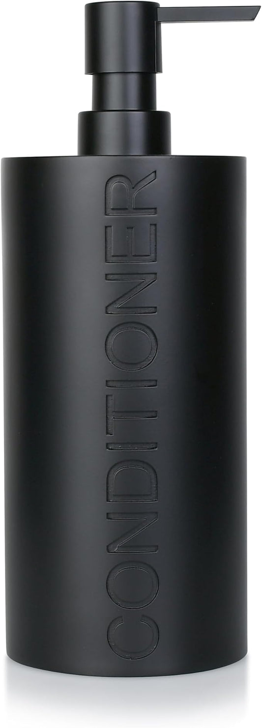 Matte Black Conditioner Dispenser Luxurious Refillable Pump Bottle with Black Resin Pump and Embossed Text, Durable Design for Bathroom and Shower