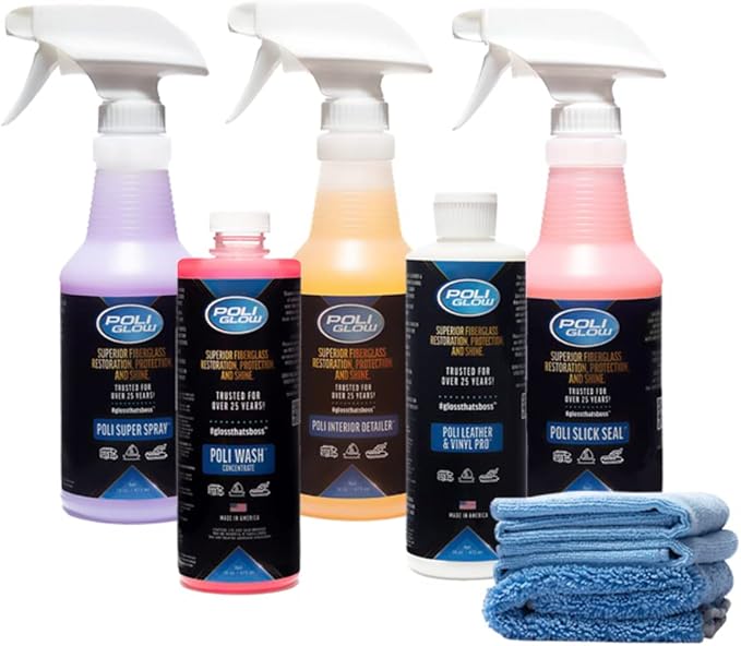 Poli Glow® 16 oz Vehicle Detailing Kit – All-in-One Cleaner & Protectant Set for Cars, Boats & RVs – Includes Interior, Exterior, Leather & Ceramic Detailers + Microfiber Towels – 7-Piece Kit