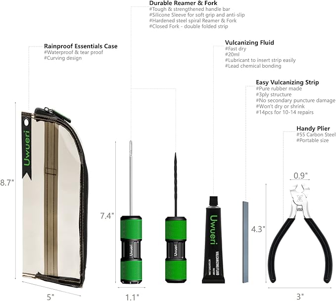 Permanent Tire Repair kit to Fix Flat Auto Cars, Motorcycle, Offroad, Tractor, Trailer, SUV, Pickup, ATV/UTV and Scooters, Easy, Quick, Permanently