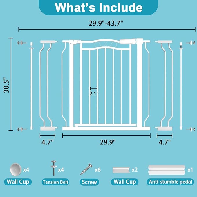 29.9-43.7 in Wide Baby Gate for Stairs Doorways, Auto Close Child Safety Gates Indoor for Dogs Pets, Pressure Mounted Metal Barrier Kids Toddler Door Walk Through, 30" Tall, White