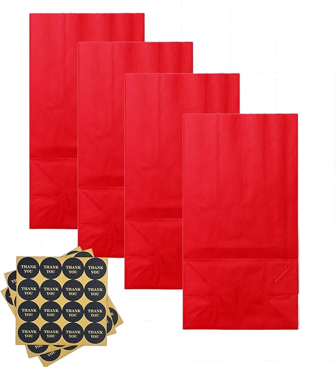 Bakepacker 100 Pcs Red Treat Paper Bags with 100 Stickers 5.1"x3.1"x9.4" Small Party Gift Bag Snack Bag without Handle
