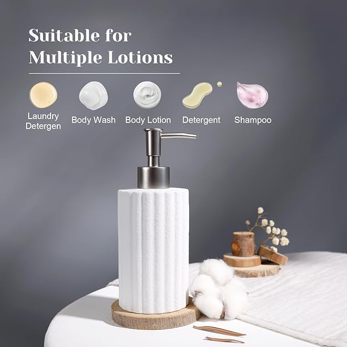 INGOFIN White Soap Dispenser, 10.5 oz Ceramic Lotion Dispenser - Refillable Hand Soap Dispenser Bathroom, Modern Liquid Dish Dispenser with Pump for Kitchen