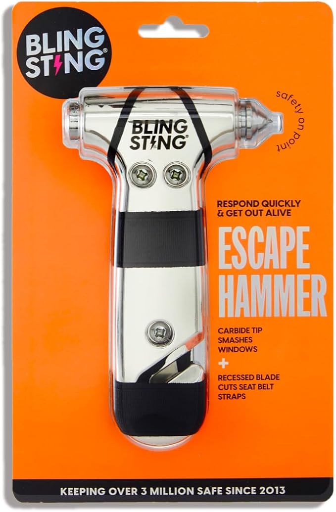 BLINGSTING Car Emergency Escape Hammer, Seatbelt Cutter, Window Breaker Tool, Interior Visor Strap, New Driver Vehicle Safety Essentials, Cute Car Accessories for Women - Black & Silver, 2 Count