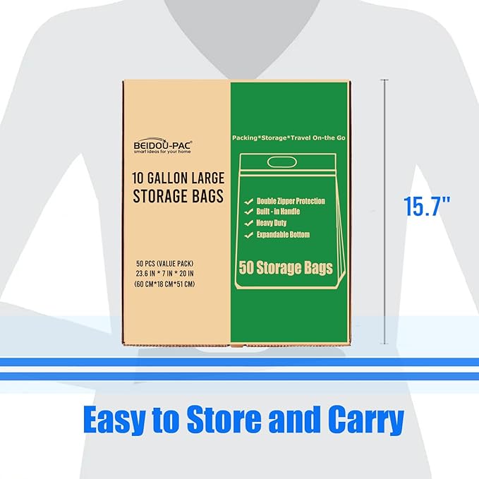 10 Gallon Large Storage Bags with Handle, 50 Counts | Double Zipper Seal | Expandable Bottom, Resealable Clear zip Bags for Home, Travel, Moving Commercial and Outdoor
