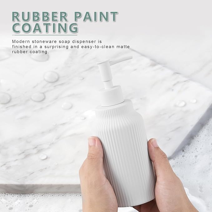 Modern Matte White Soap Dispenser for Bathroom，14oz Ceramic Soft Touch Hand Lotion Dispenser with Pump，Liquid soap Dispenser for Kitchen Rubber Paint (White)