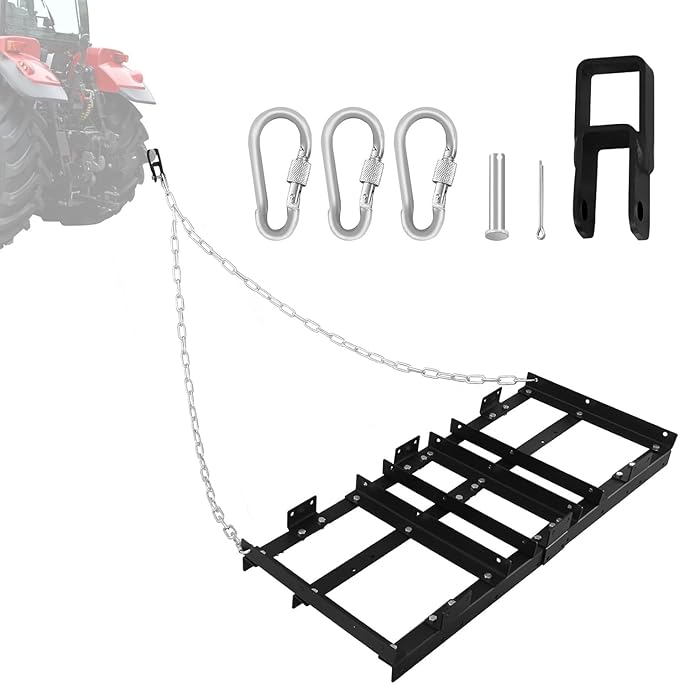 Drag Harrow Driveway Grader, Heavy Duty Power Rake, Driveway Drag for Gravel W/ 4 FT Chain, Tow Behind Lawn Rake for ATV, UTV, Tractor, Mower, Land Leveler for Gravel, Sand, Soil, Hay,4FT