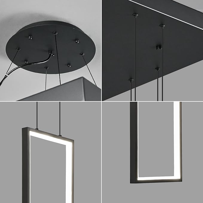 Modern Black Chandelier Dimmable 6 Rings Rectangle Pendant Lighting Living Room Foyer High LED Ceiling Chandelier 4000K Staircase Pendant Light Fixture