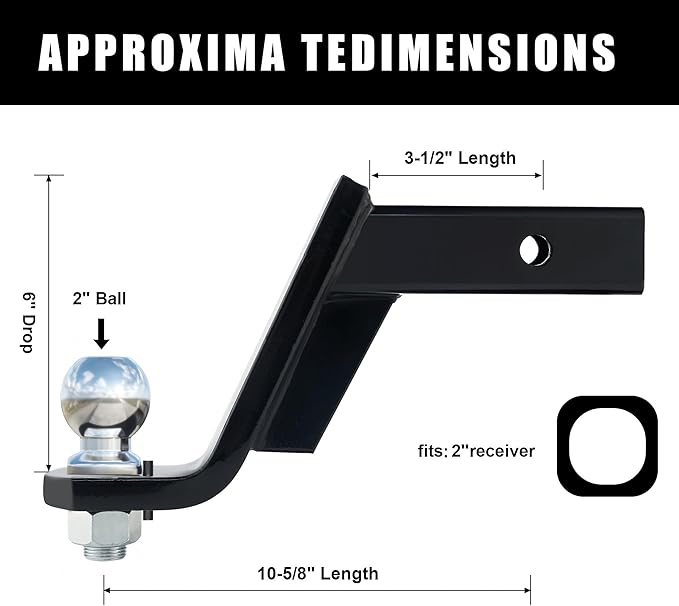 AC-DK Heavy-Duty Trailer Hitch, Fits 2-in Receiver,6" Drop, 2" Ball, 7500LBS GTW