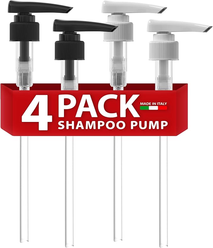 Shampoo & Conditioner Pumps for 1 L / 33.8 oz Bottles | Fits 1″ Neck | Replacement Dispenser Pump Top for Soap, Lotion & Body Wash (4-Pack White + Black (Dosa))