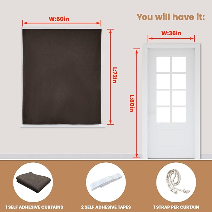 JILROIN Self Adhesive Curtains,100% Blackout Window Cover,No Drilling,Easy to Install,Provides Privacy Protection for Bedrooms (Dark Coffee - W60 × L72 in)