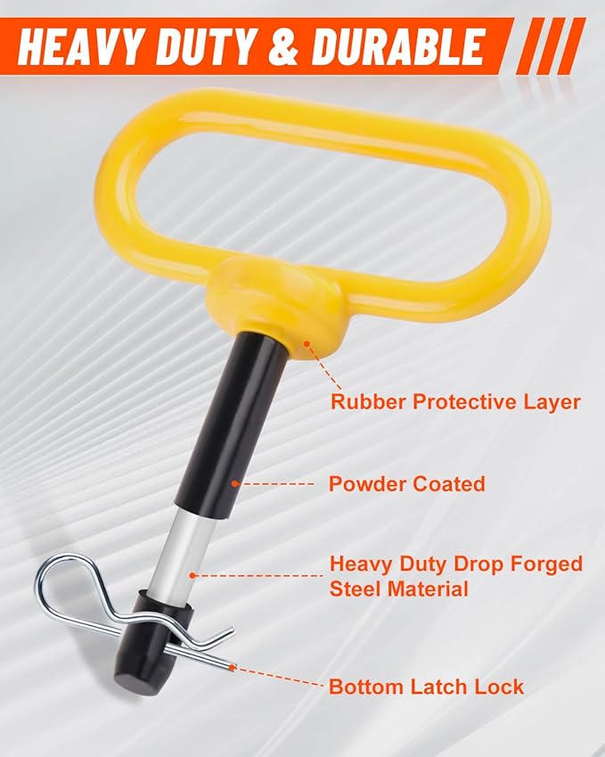 4Pack Hitch Pin, 1/2 x 3 Inch Trailer Hitch Pin with Clip and Rubber-Coated Handle, Strong Heavy Duty Lawn Mower Hitch Pin for Mowers, Tractor Truck, Towing Cargo, ATV (Yellow)
