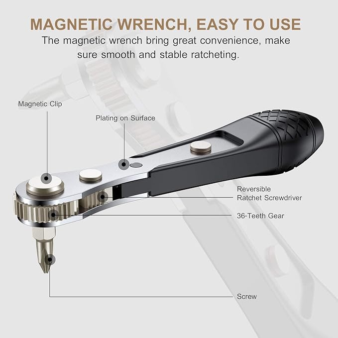 25in1 S2 Steel Mini Ratchet Wrench Screwdriver Bit Set with 1/4" Hex Shank Phillips/Slotted/Hexagon/Torx Bits, 36-Tooth Gear, Magnetic Bit Holder, 90 Degree Offset Reversible Drive Handle