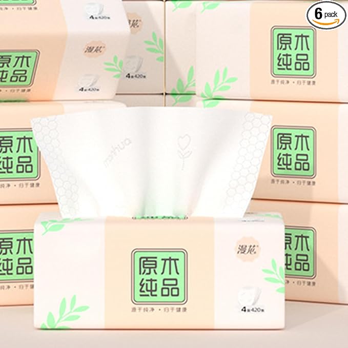 Pack of 6, Soft Small Facial Tissue, Toilet Paper, Disposable Napkin, Bag Cover NOT Box, White Facial Paper, Material Native Wood Pulp Fiber NOT COTTON, 4-Ply