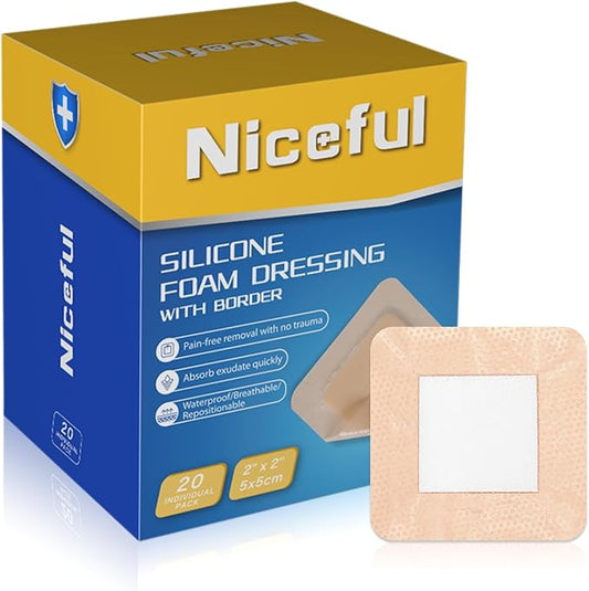 20 Count Silicone Foam Dressing Gentle Border 2 x 2 inch, Absorbent Silicone Bandages for Wounds, Waterproof Bed Sore Bandages Wound Dressing