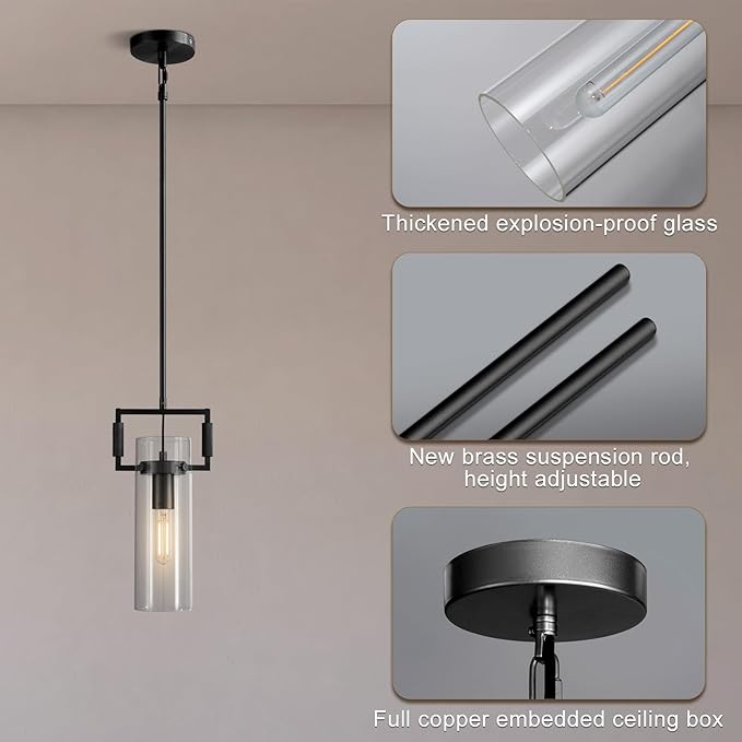 Modern Black Kitchen Island Pendant Lights Set of 2, 12 Inch 1-Light Adjustable Pendant Light with Glass Shade & Brass Finish, Hanging Light Fixture for Kitchen, Dining Room, Bathroom, Living Room